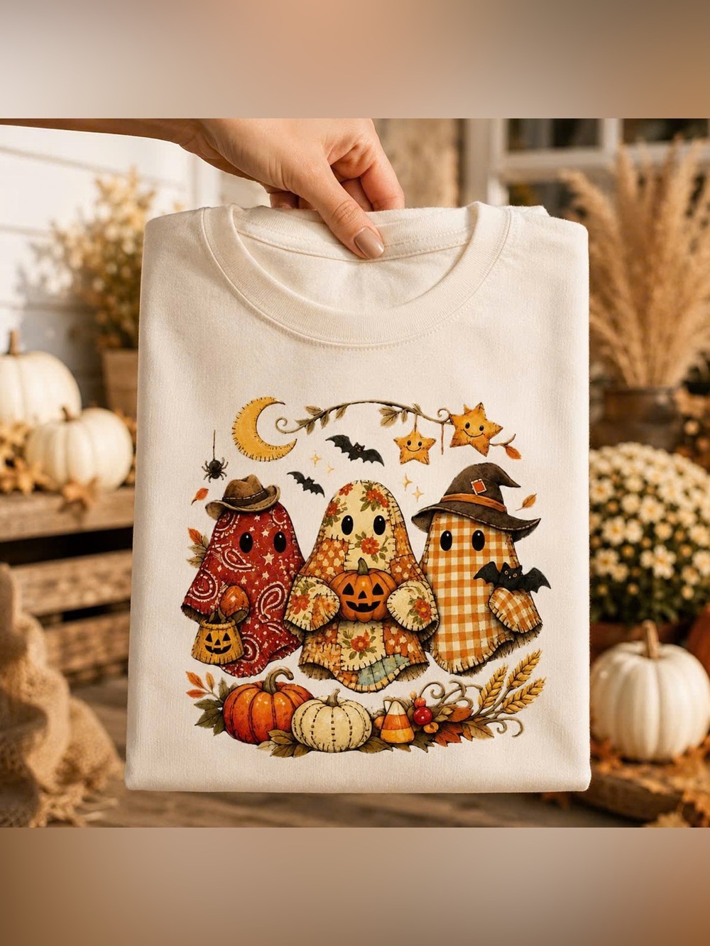 Gildan Off White Halloween Ghosts Graphic Tee with Patchwork Pumpkins For Unisex